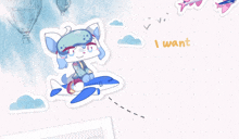 a sticker of a cat flying an airplane with the words " i want to fly "