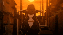 a woman in a hat is walking down a street