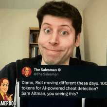 a man is smiling in front of a twitter post from the salesman