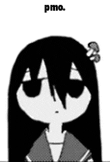 a black and white cartoon of a girl with long black hair and a mushroom in her hair .