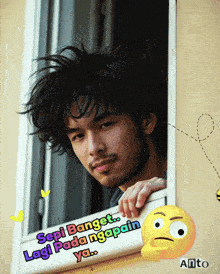 a picture of a man looking out of a window with the words " sepi banget lagi pada ngapain ya " written on it