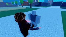 a person holding a gun standing next to another person in a game