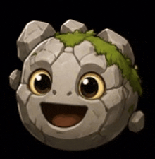 a cartoon illustration of a smiling rock with moss on it .