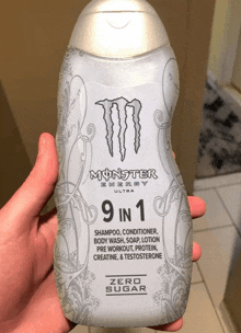 a bottle of monster energy ultra 9 in 1 shampoo conditioner body wash and workout protein contains zero sugar