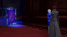 a man and a woman are standing in front of a portal