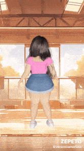 a girl in a pink top and blue shorts is standing in front of a window
