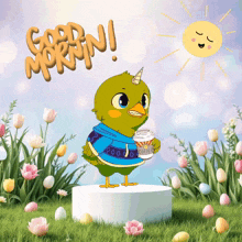 a cartoon of a bird holding a cup of coffee with the words " good morning " above it