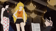 three anime girls are standing in a room with a book