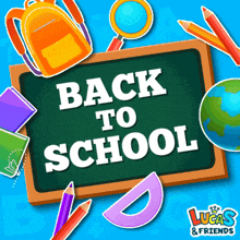 a blackboard with the words back to school surrounded by school supplies