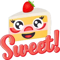 a slice of cake with a strawberry on top and the word sweet written below it