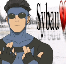 a cartoon of a man wearing sunglasses and gloves with the word sybau in the background