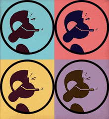 four different colored circles with a person holding a hockey stick