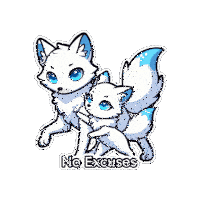 a sticker with two white foxes and the words no excuses on it