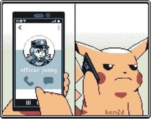 a pixel art of a pikachu talking on a cell phone with officer jenny on the screen .