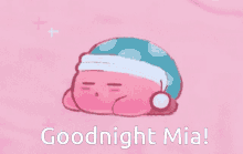 a picture of a sleeping kirby with the words goodnight mia written below it