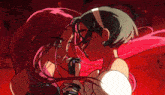 a cartoon drawing of two girls with pink hair looking at each other