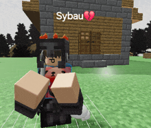 a minecraft character is standing in front of a building that says sybau on it