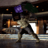 a hulk is standing in a room with a picture of a purple skull on top of him