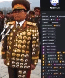 a man in a military uniform stands in front of a microphone next to a screen that says admin 7255