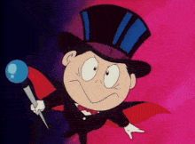 a cartoon character is wearing a top hat and holding a magic wand
