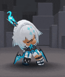 a cartoon character with white hair and blue wings is dancing