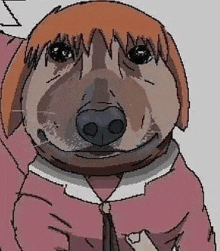 a pixel art drawing of a dog with red hair and a pink jacket and tie .
