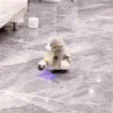 two penguins are riding a scooter on a tile floor