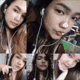 a collage of photos of a woman with headphones