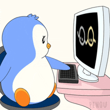a penguin sits in front of a computer with the word pengu on the bottom right