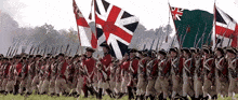 a group of soldiers marching in a field carrying flags