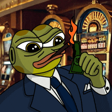 a cartoon of a frog in a suit smoking a cigar and holding a stack of money