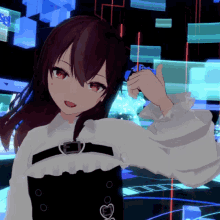a girl with red eyes is giving a thumbs up while wearing a white shirt