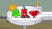a group of cartoon characters sitting on a table including a red diamond
