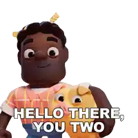 a cartoon character is holding a pig and saying hello there you two