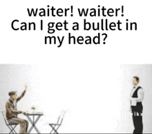 a waiter is standing next to a man sitting at a table with his hand in the air .