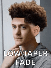 a young man with curly hair and a low taper fade hairstyle .