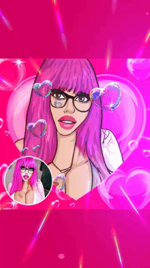 a cartoon of a woman with purple hair and glasses