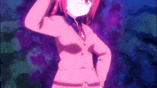 a girl with red hair is wearing a pink cardigan and tie with a cross on it