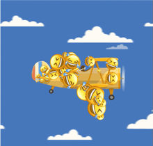 a plane filled with smiley faces is flying through the air