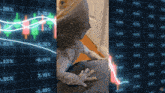 a lizard is sitting on a person 's lap in front of a screen with a graph showing the stock price going down
