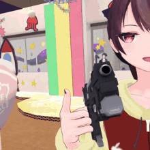 a girl is holding a gun and giving a thumbs up in a video game