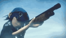 a person with blue hair is holding a shotgun with a sticker on it that says ' sniper '