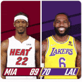 two basketball players one wearing a heat jersey and the other wearing a lakers jersey
