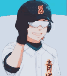 a baseball player wearing a black hat with the letter s on it .