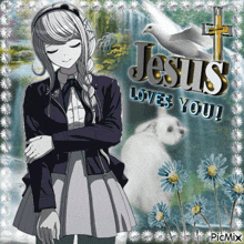 a picture of a girl with jesus loves you written on the bottom
