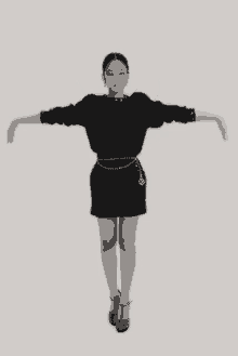 a black and white photo of a woman in a black dress and heels standing with her arms outstretched .