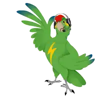 a cartoon parrot wearing headphones and a lightning bolt on its chest