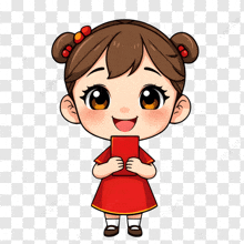 a little girl in a red dress is holding a red envelope in her hands