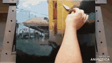 a painting is being painted on an easel and the painting is made in animotica