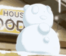 a snowman is standing in front of a building with a sign in the background .